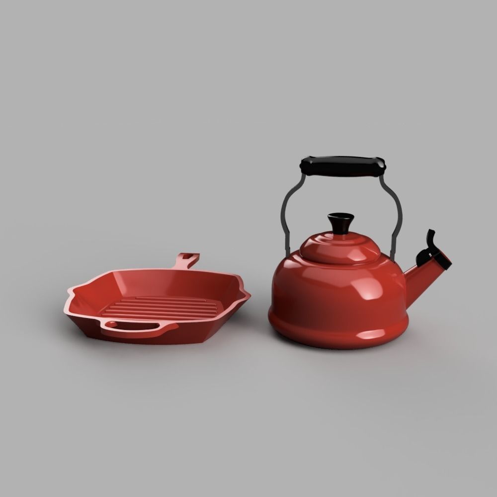 Le Creuset Square Skillet and Classic Demi Tea Kettle 3D print model_1