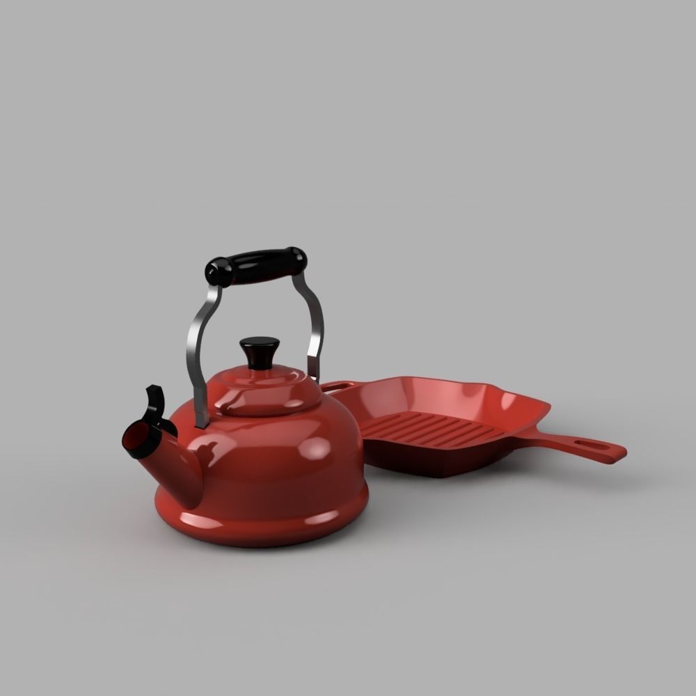 Le Creuset Square Skillet and Classic Demi Tea Kettle 3D print model_3