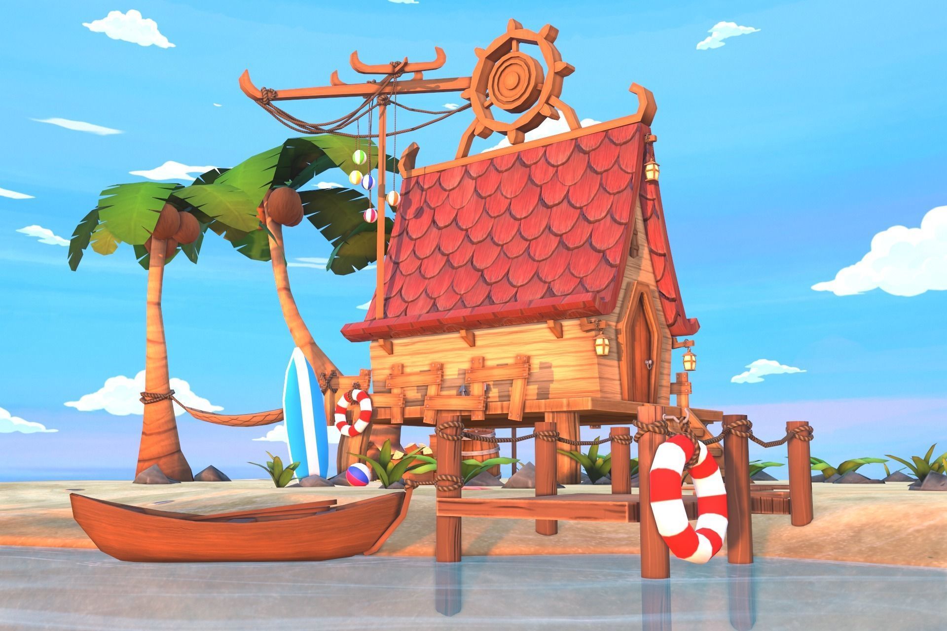 Beach House  Low-poly 3D model_6