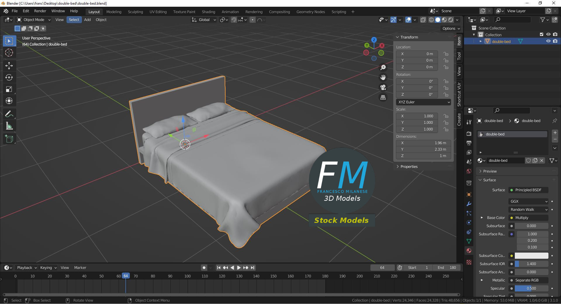 Double bed 3D model_9