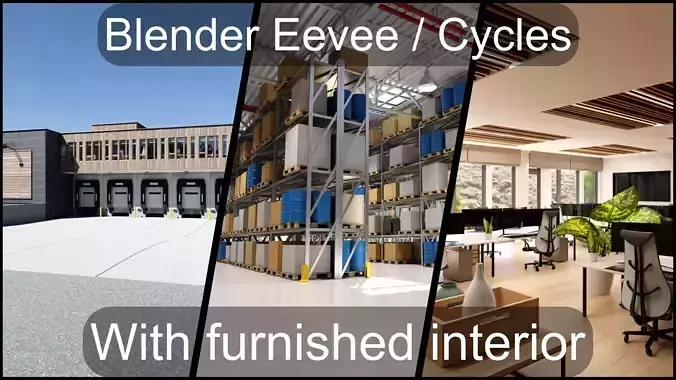 Modern furnished warehouse with office for Blender Low-poly 3D model