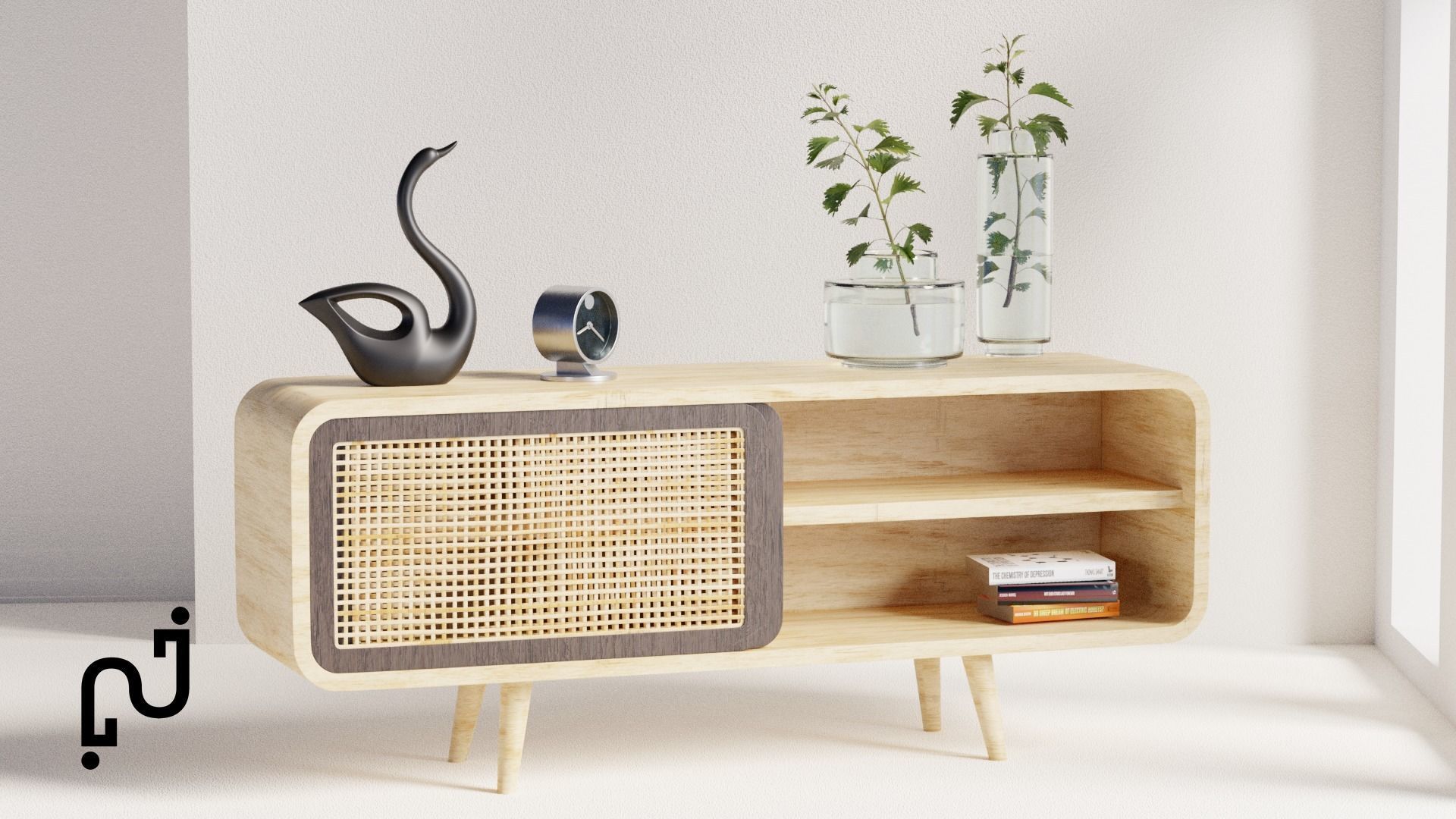 Modern Table with plants and decorative clock and swan statue Low-poly 3D model_6