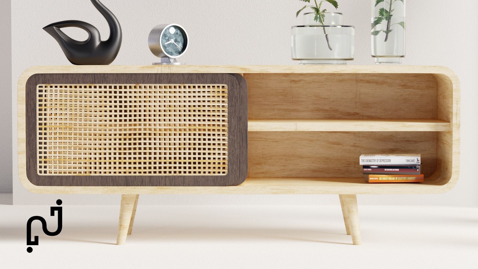 Modern Table with plants and decorative clock and swan statue Low-poly 3D model_1