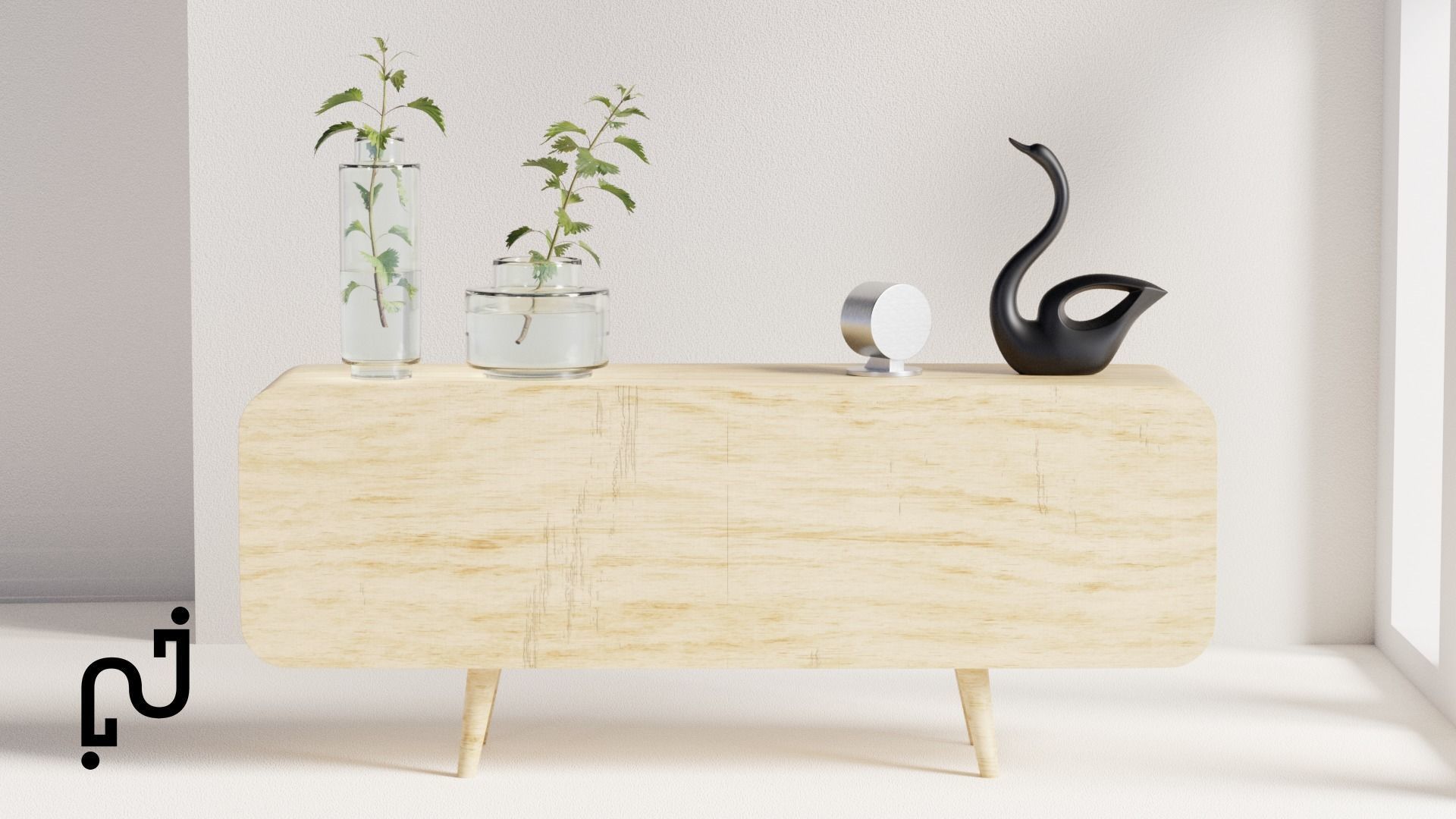 Modern Table with plants and decorative clock and swan statue Low-poly 3D model_10