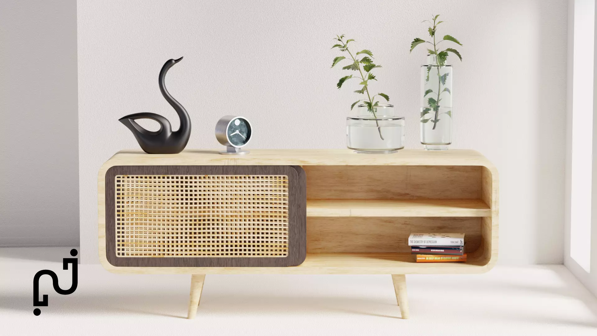 Modern Table with plants and decorative clock and swan statue Low-poly 3D model_0