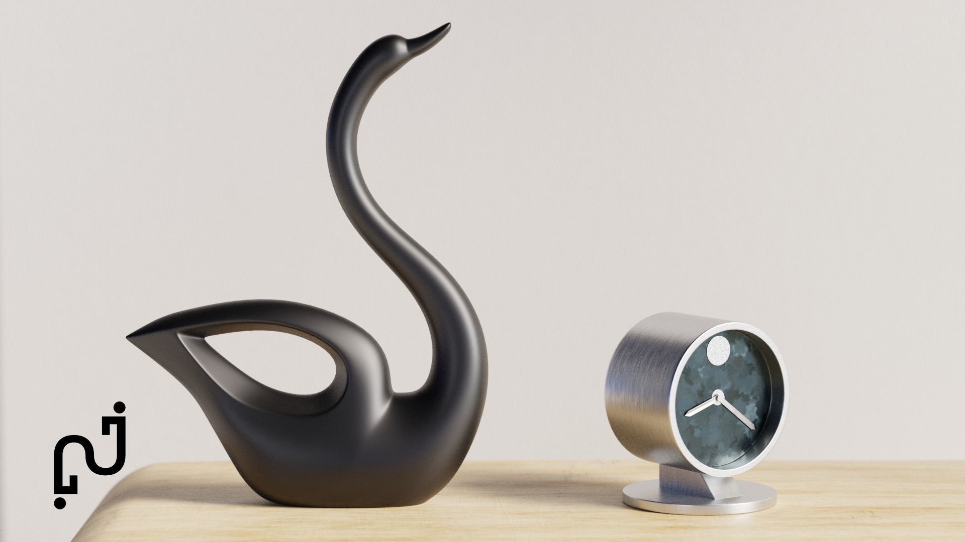 Modern Table with plants and decorative clock and swan statue Low-poly 3D model_5