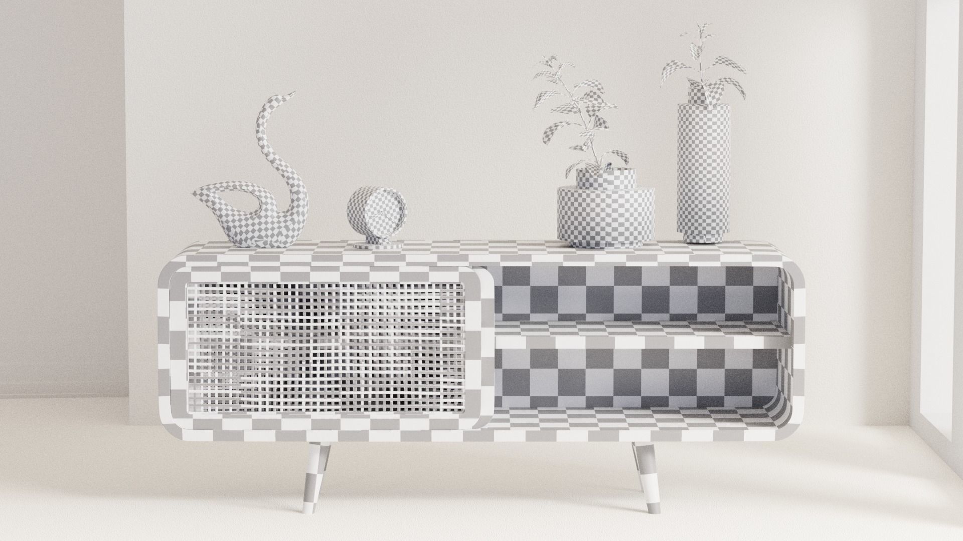 Modern Table with plants and decorative clock and swan statue Low-poly 3D model_35