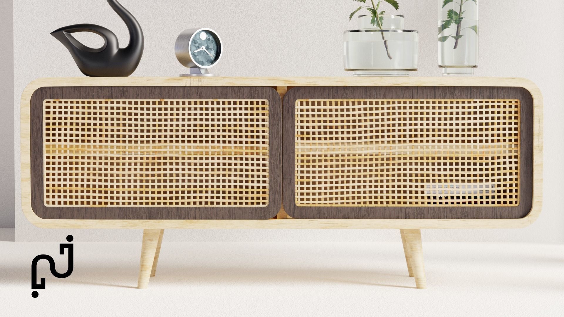 Modern Table with plants and decorative clock and swan statue Low-poly 3D model_2