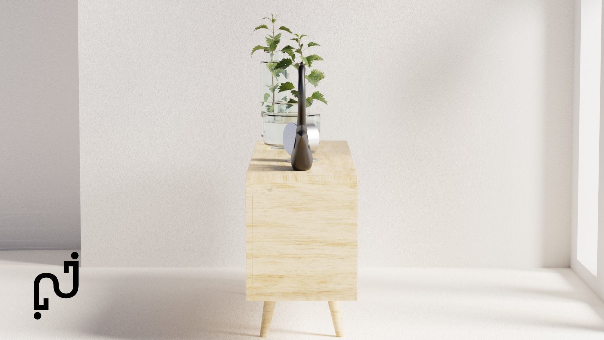 Modern Table with plants and decorative clock and swan statue Low-poly 3D model_9