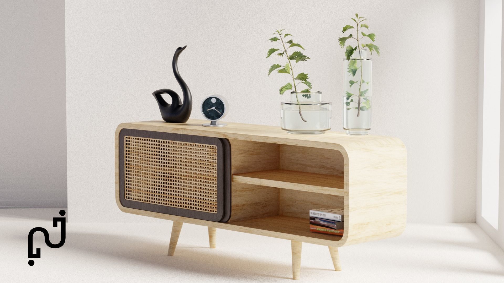 Modern Table with plants and decorative clock and swan statue Low-poly 3D model_7