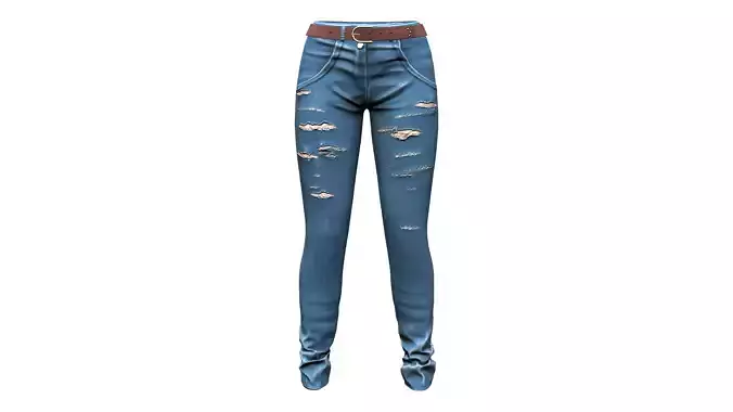 Rough Torn Effect Jeans Denims Pants With Belt
