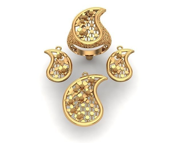 Jewelry gold plated paisley ring and earring set 3D print model