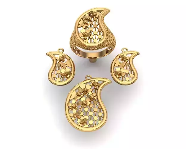 Jewelry gold plated paisley ring and earring set 3D print model