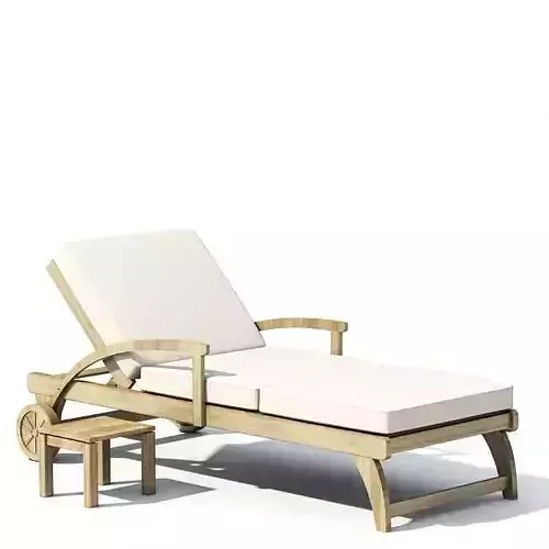 Cream Wood Outdoor Lounge Chair With White Cushion And Matching Side Table