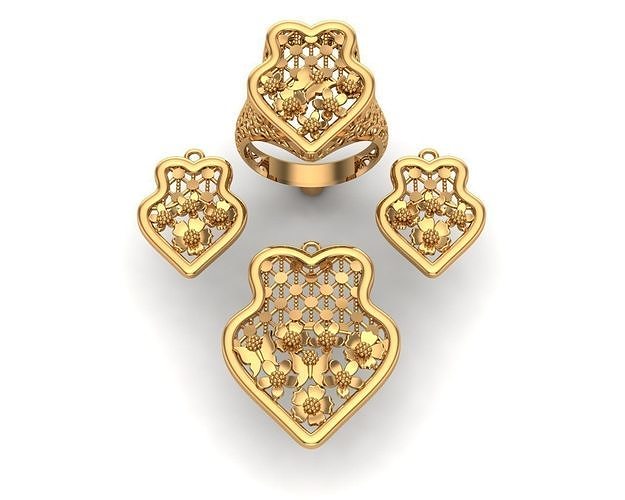 Jewelry gold plated set of earrings and ring 3D print model