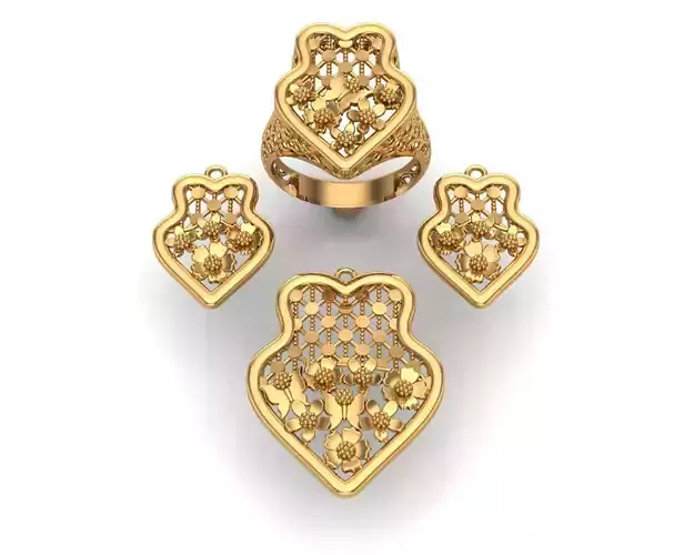 Jewelry gold plated set of earrings and ring 3D print model