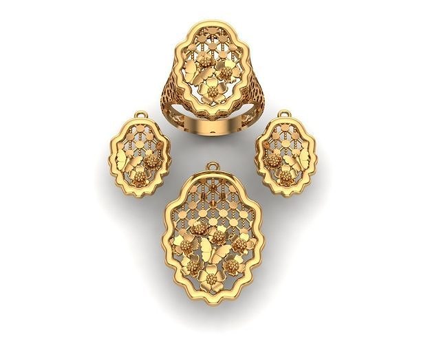 Jewelry gold plated ring and pendant set 3D print model