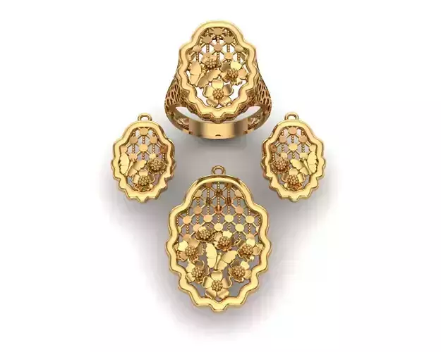 Jewelry gold plated ring and pendant set 3D print model