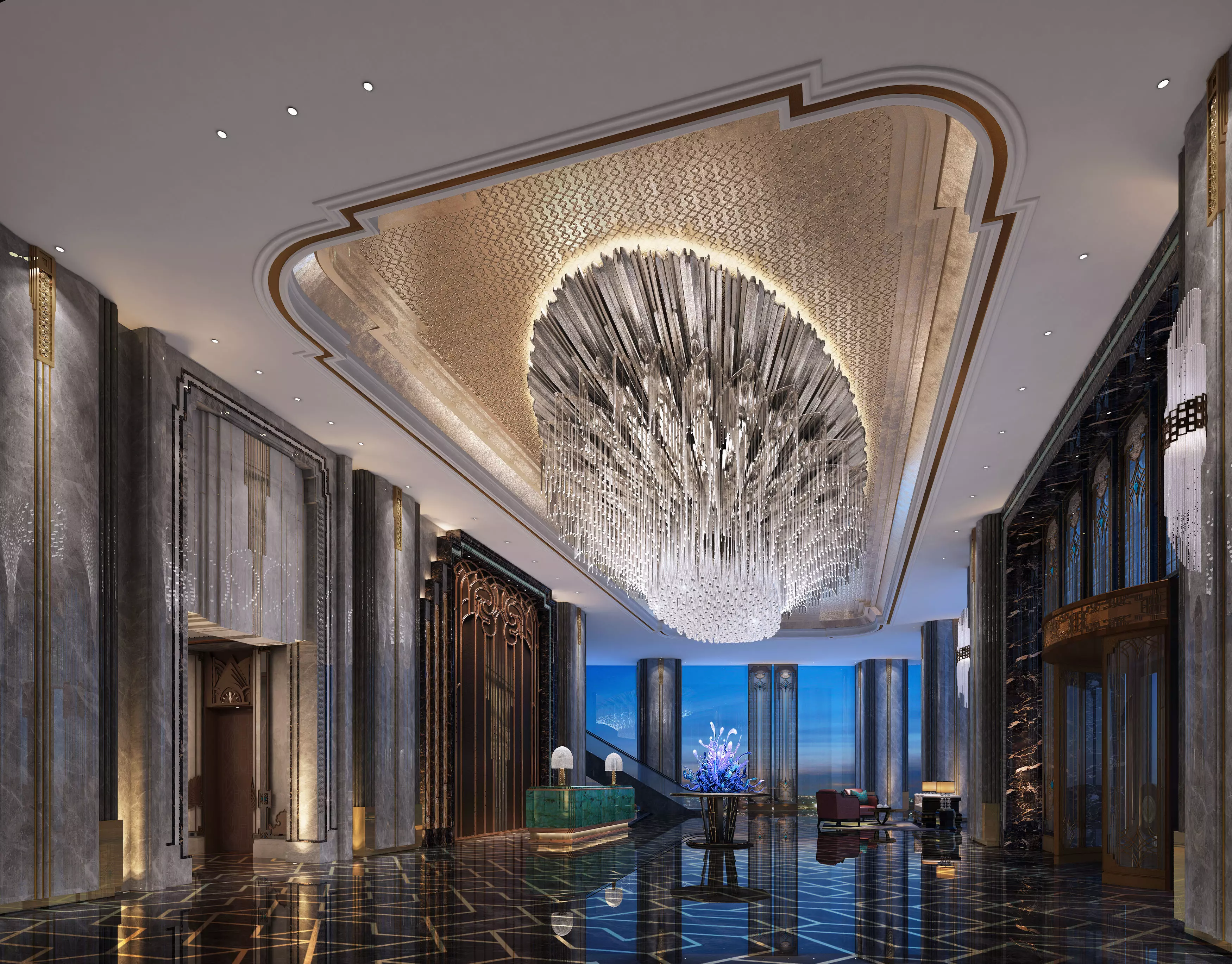 Lobby luxury hotel in beijing 3D model_0
