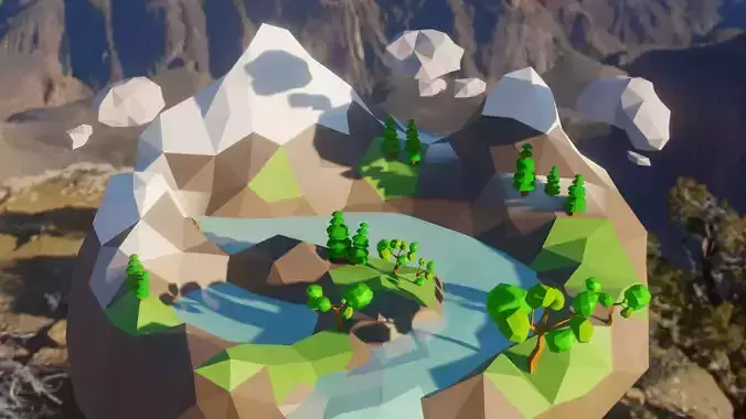 Low Poly island polygonal landscape with trees and river
