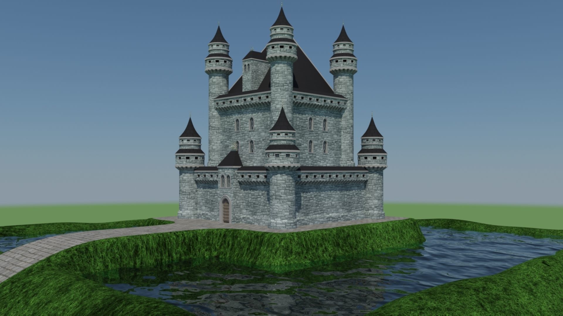 Castle in middle of grass 3D model_1
