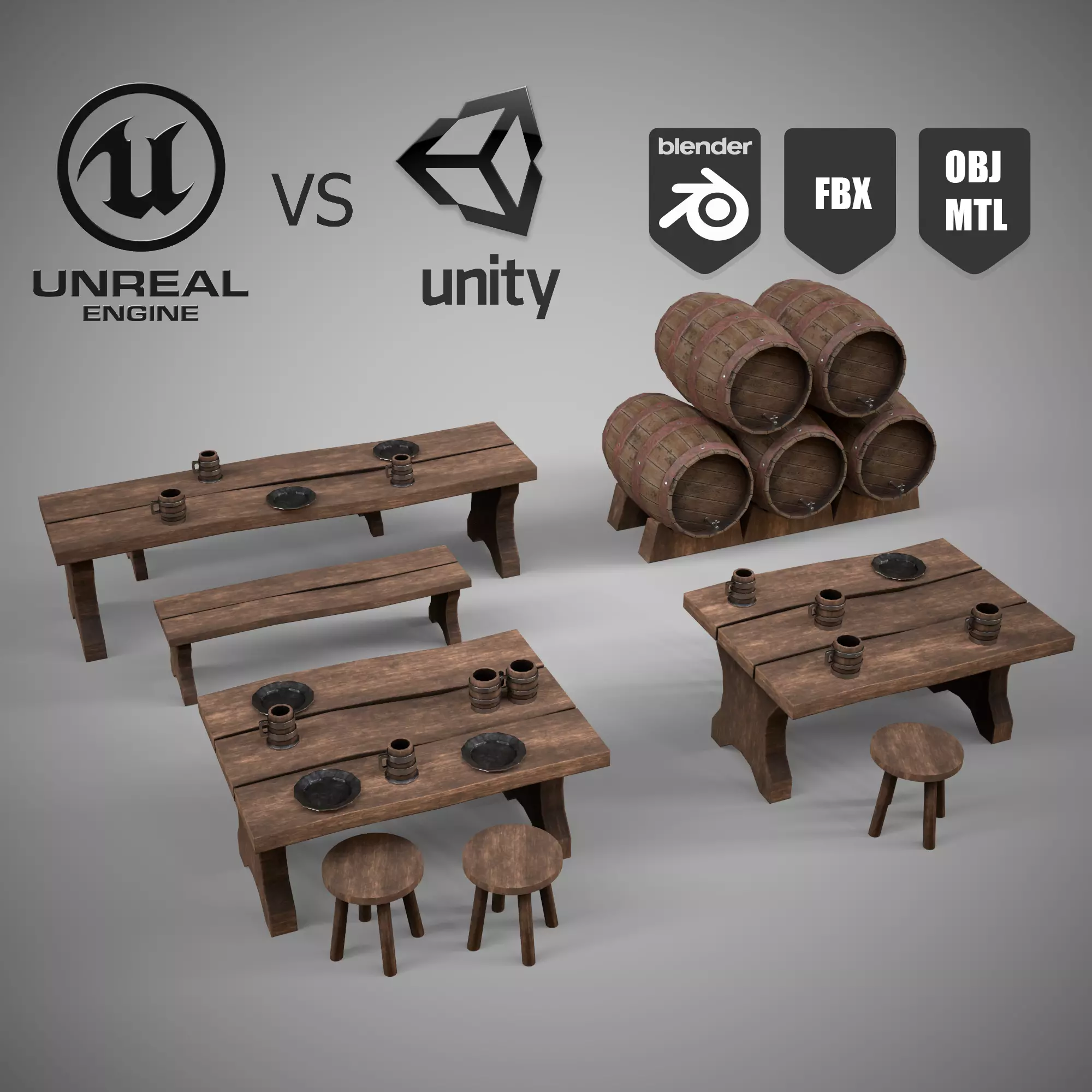 Set for creating a beer bar Low-poly 3D model Low-poly 3D model