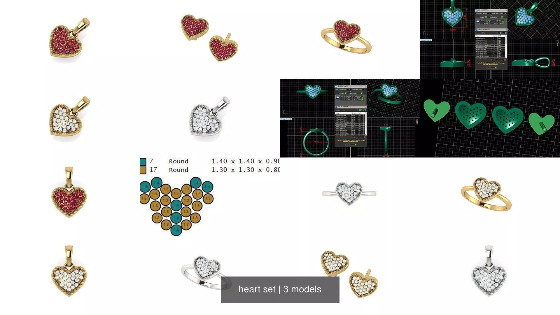 heart set ruby pendant gold 3D Model Collection_0