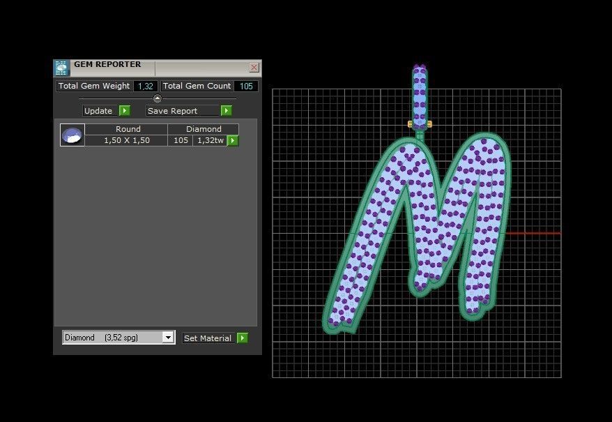 Model 833 Initial M Diamond Letter Pendant 3D print model_9