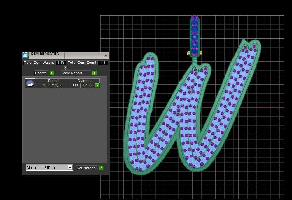 Model 845 Initial W Diamond Letter Pendant 3D print model_10