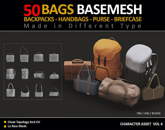 50 BAGS BASEMESH  VOL 4  Low-poly 3D model