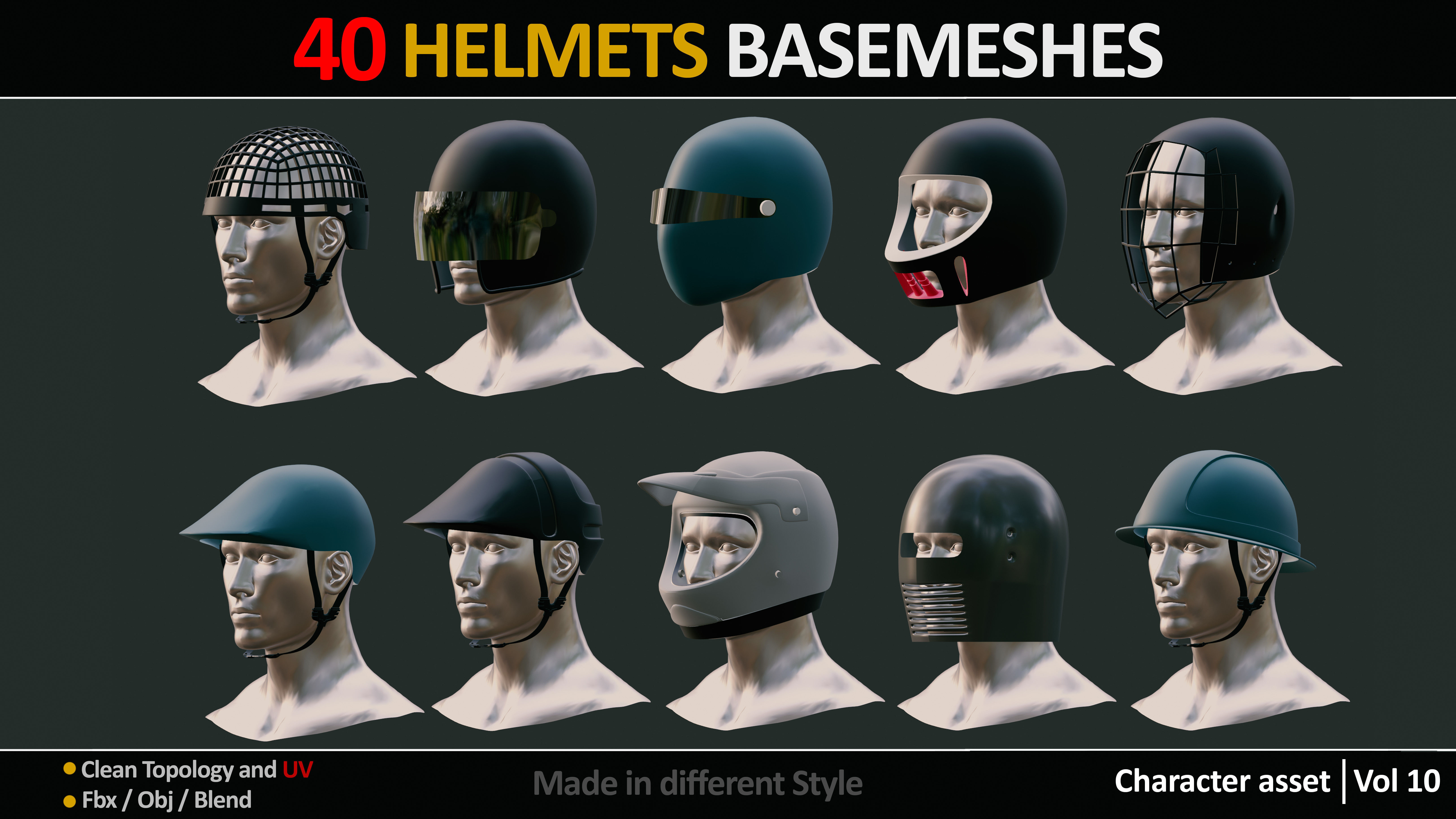 40 HELMETS BASEMESHES WITH UVs  VOL 10  Low-poly 3D model_9