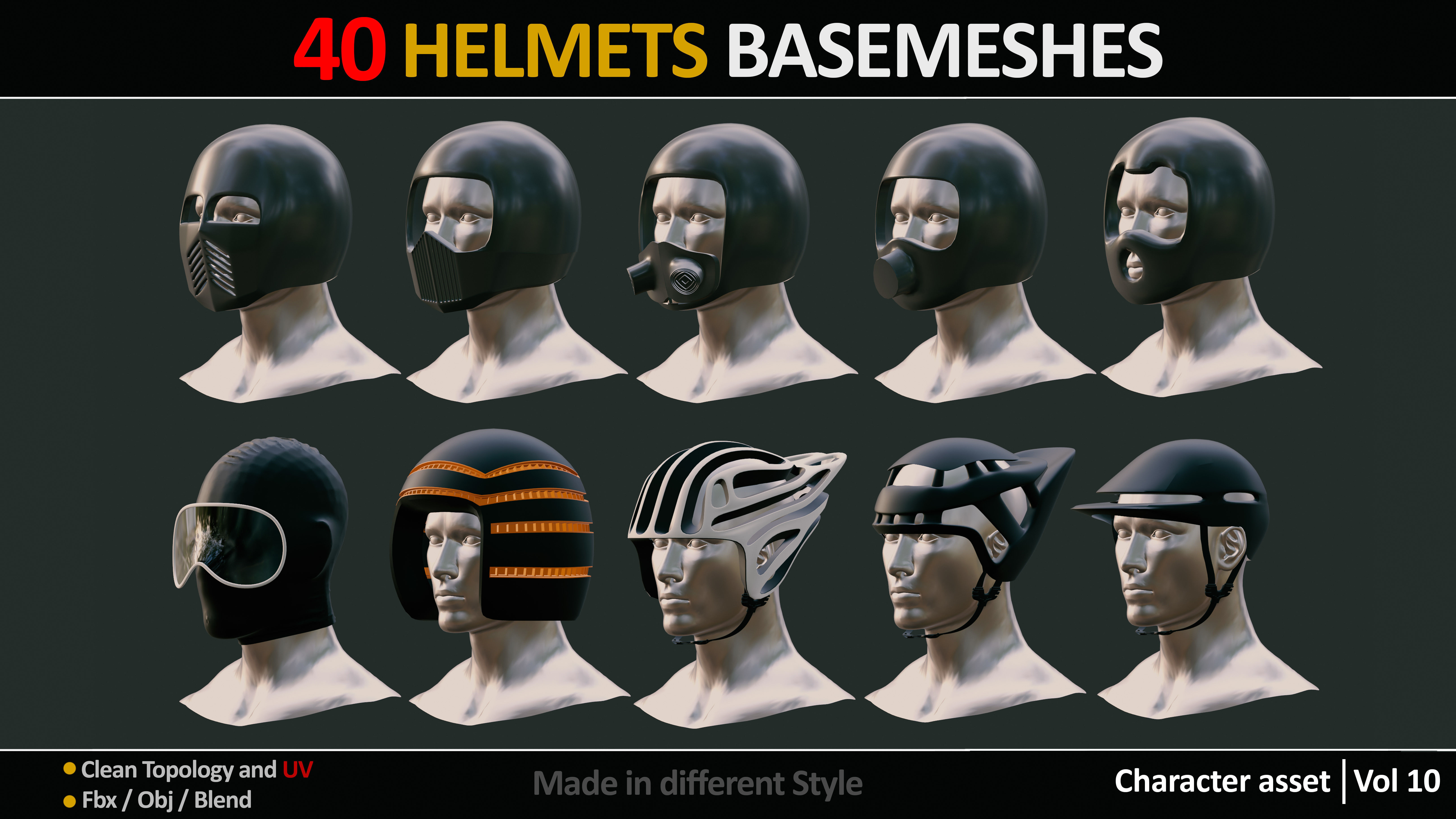 40 HELMETS BASEMESHES WITH UVs  VOL 10  Low-poly 3D model_10