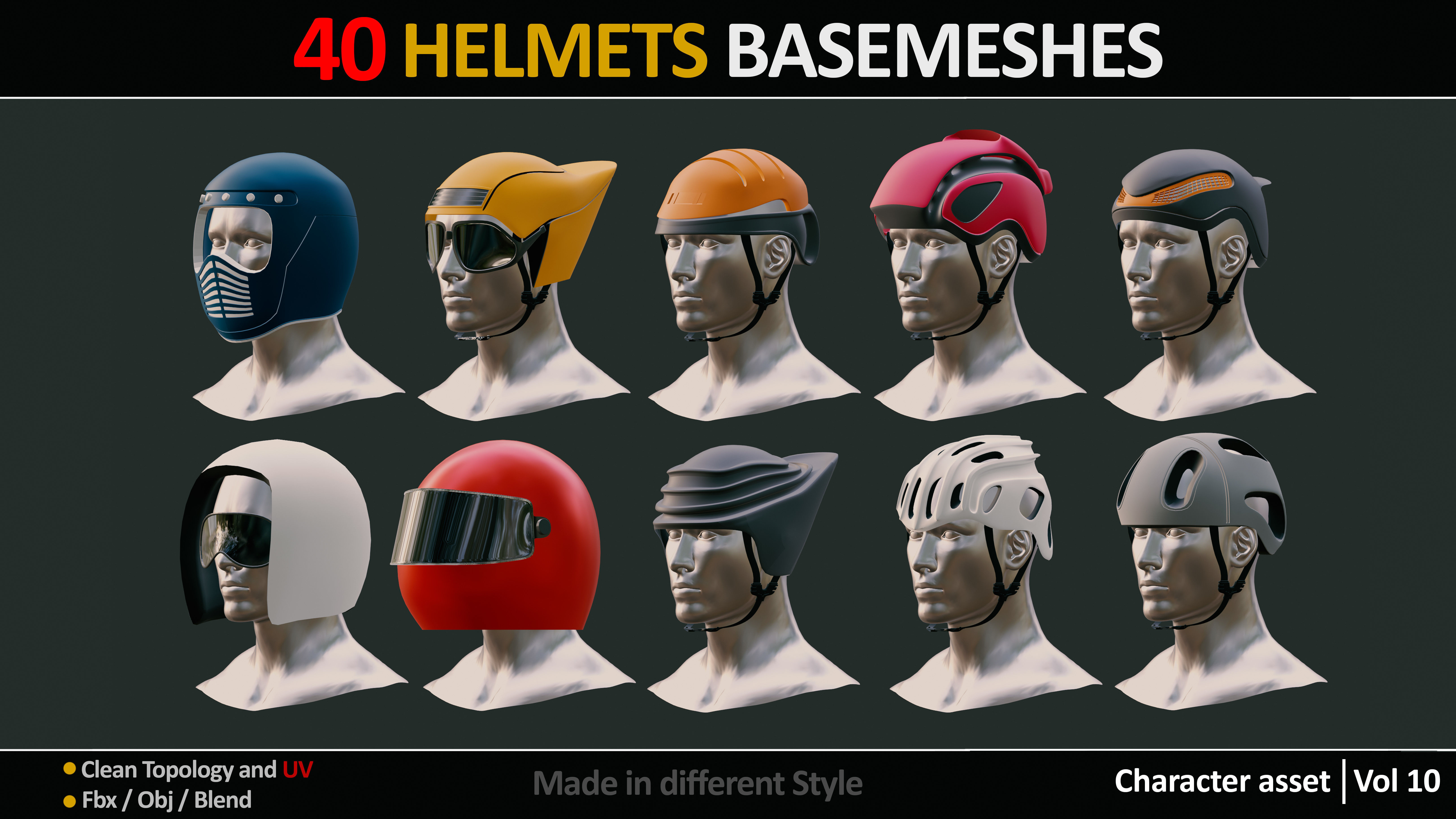 40 HELMETS BASEMESHES WITH UVs  VOL 10  Low-poly 3D model_7