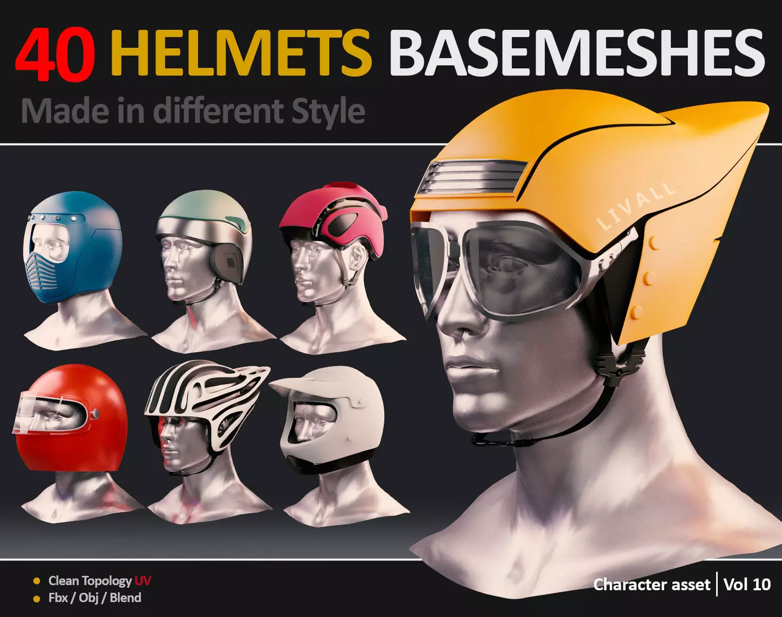 40 HELMETS BASEMESHES WITH UVs  VOL 10  Low-poly 3D model_0