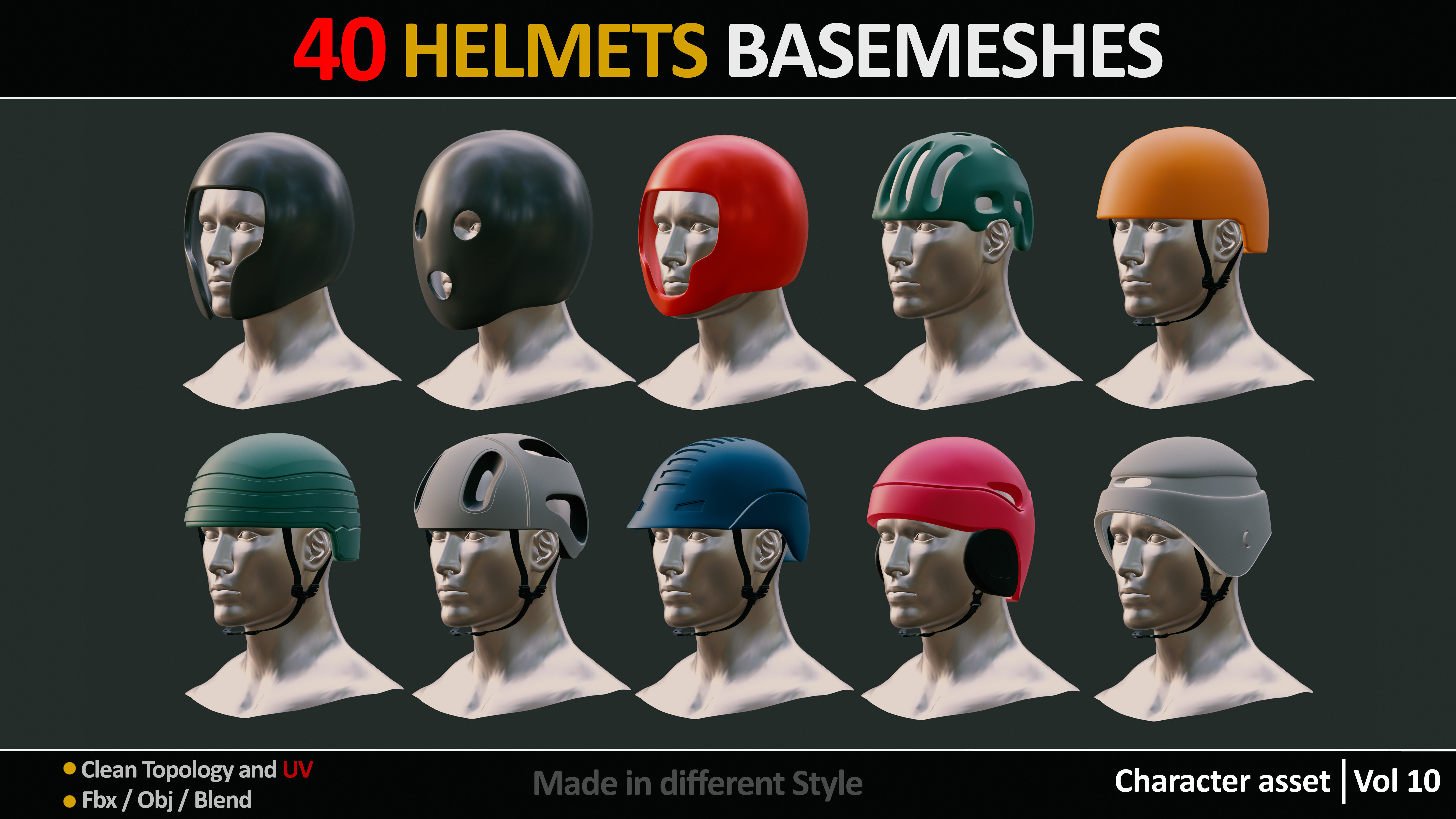 40 HELMETS BASEMESHES WITH UVs  VOL 10  Low-poly 3D model_5