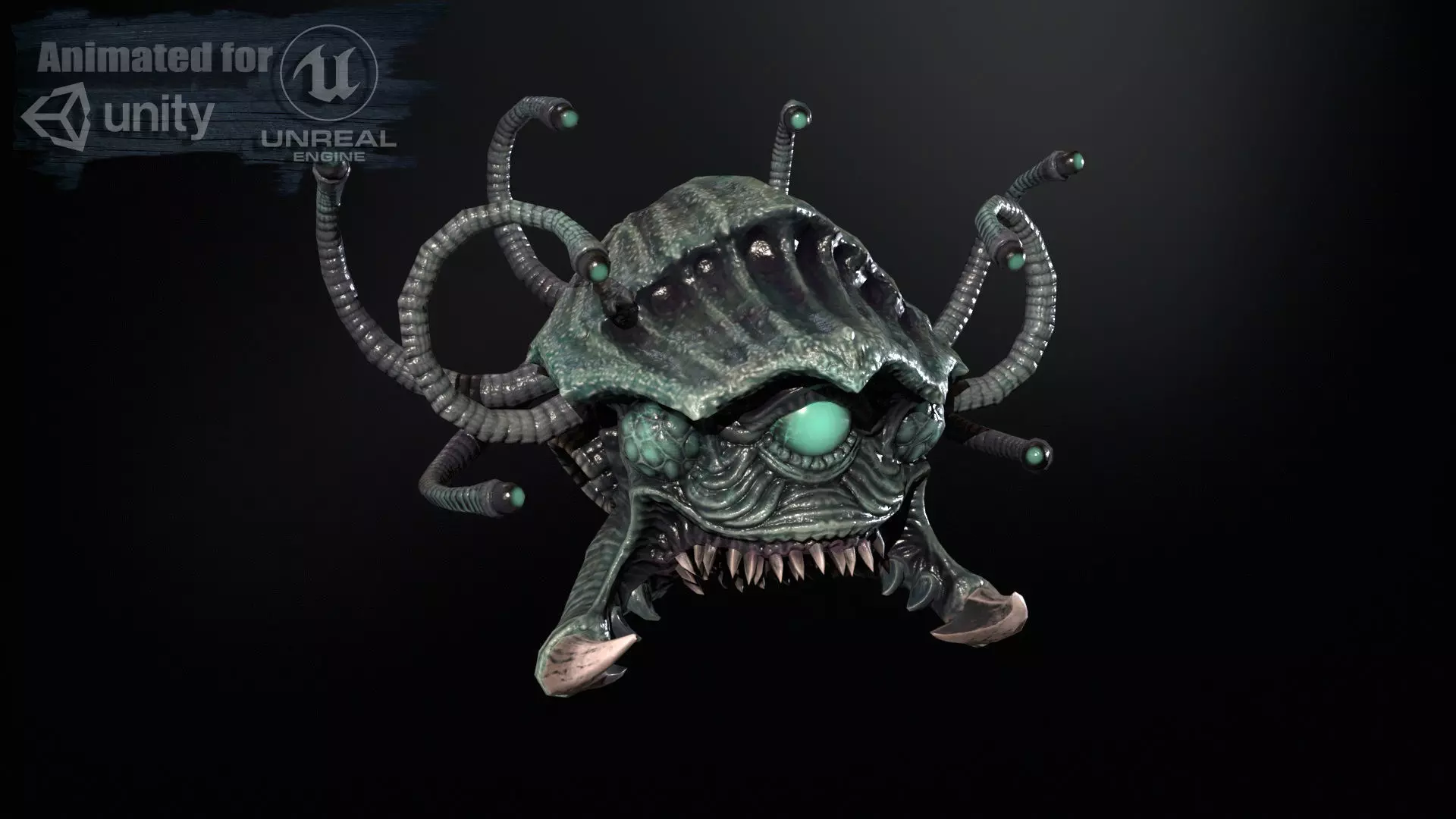 SeaObserver alien head with horns and teeth Low-poly 3D model_0