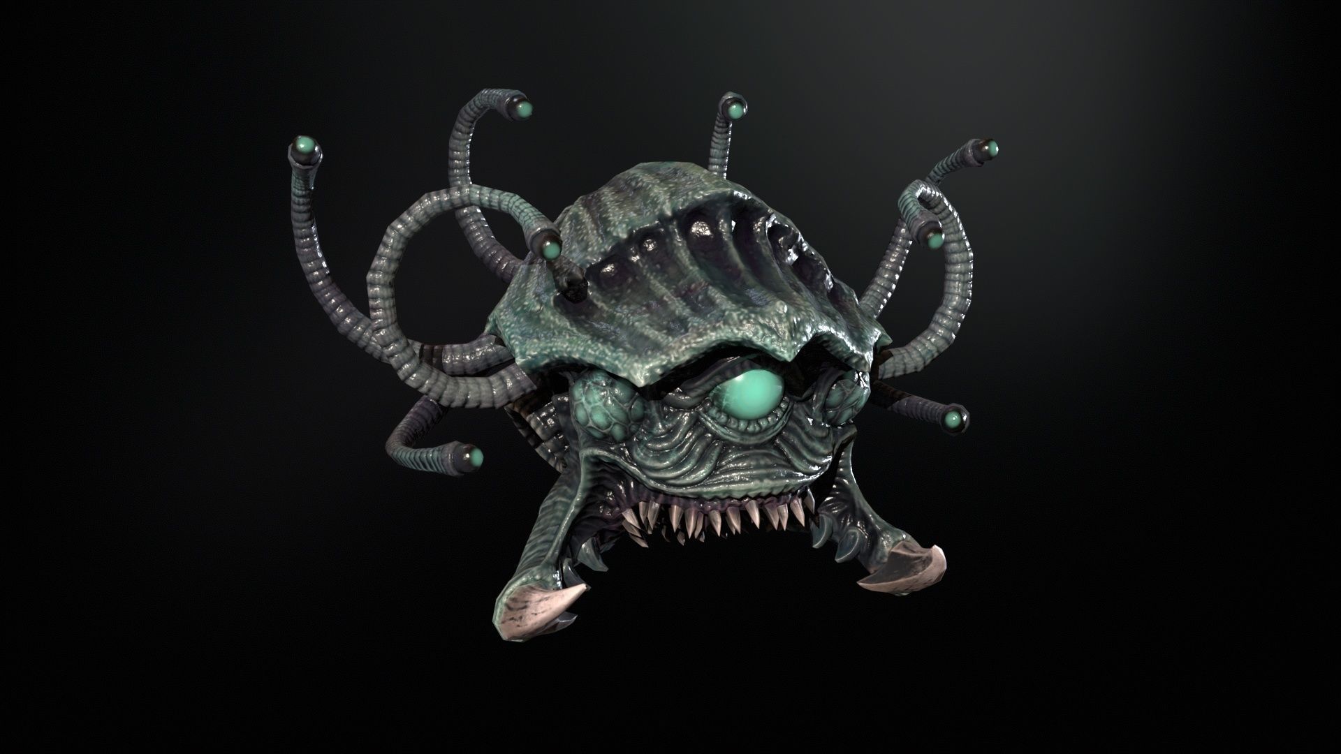 SeaObserver alien head with horns and teeth Low-poly 3D model_9