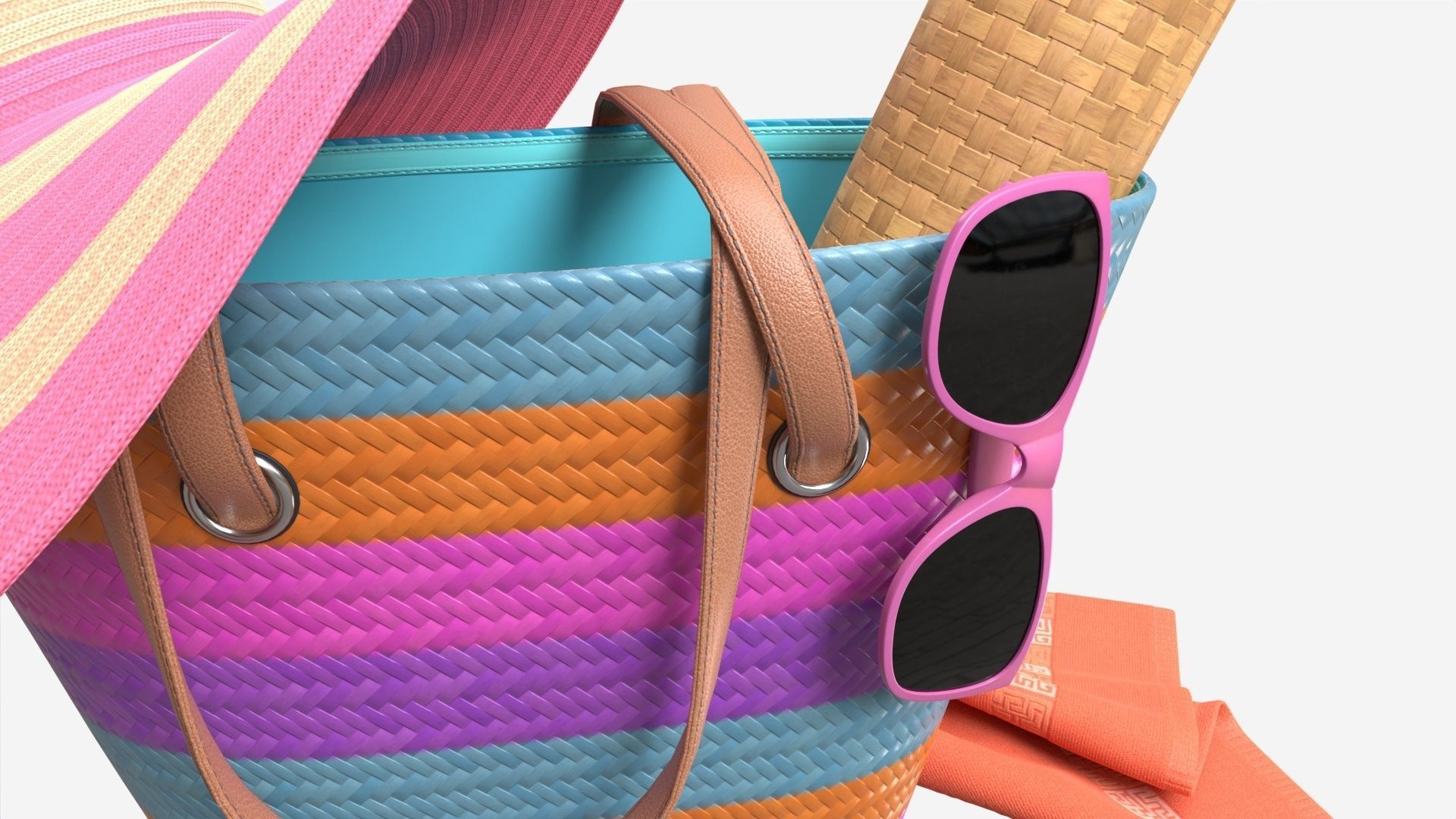 Color striped beach bag with straw hat 3D model_4