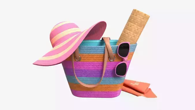 Color striped beach bag with straw hat 3D model