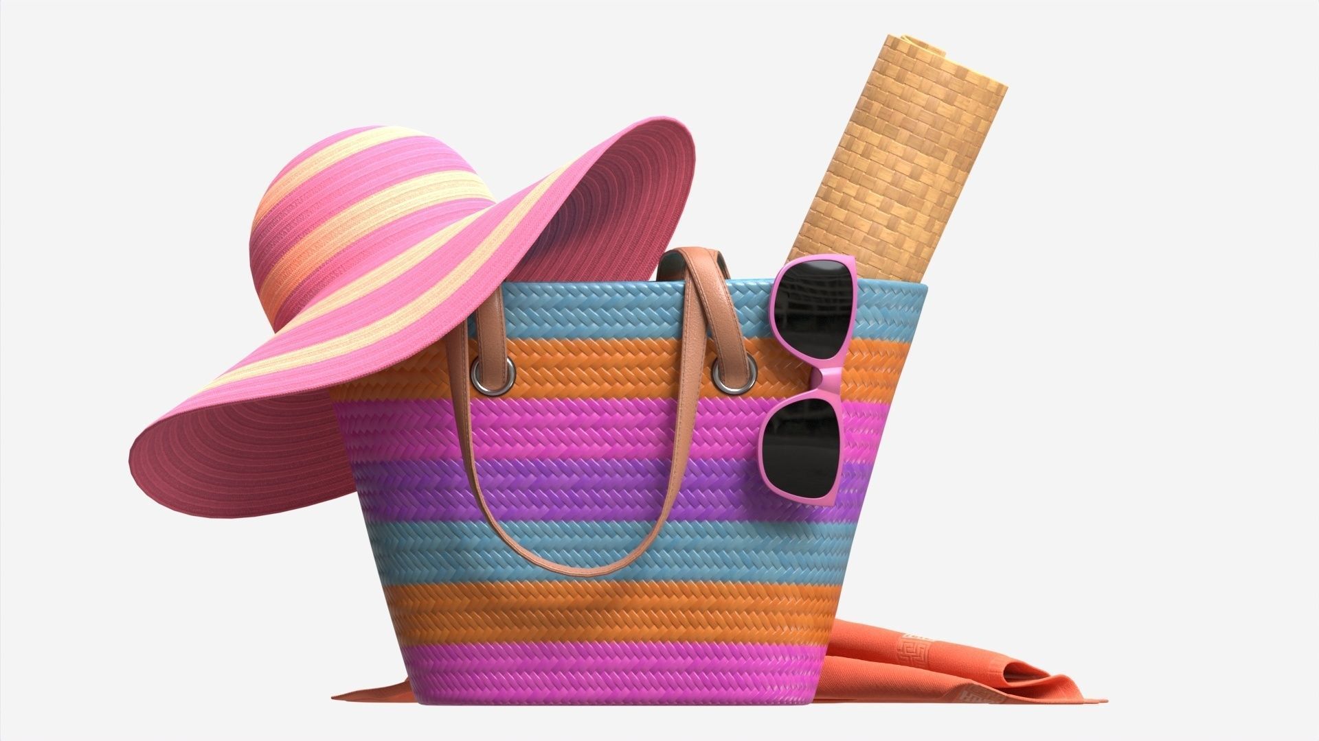 Color striped beach bag with straw hat 3D model_7