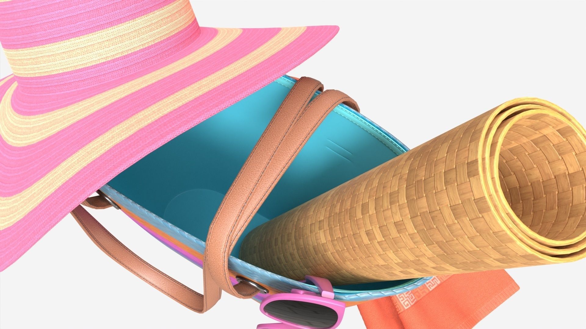 Color striped beach bag with straw hat 3D model_6