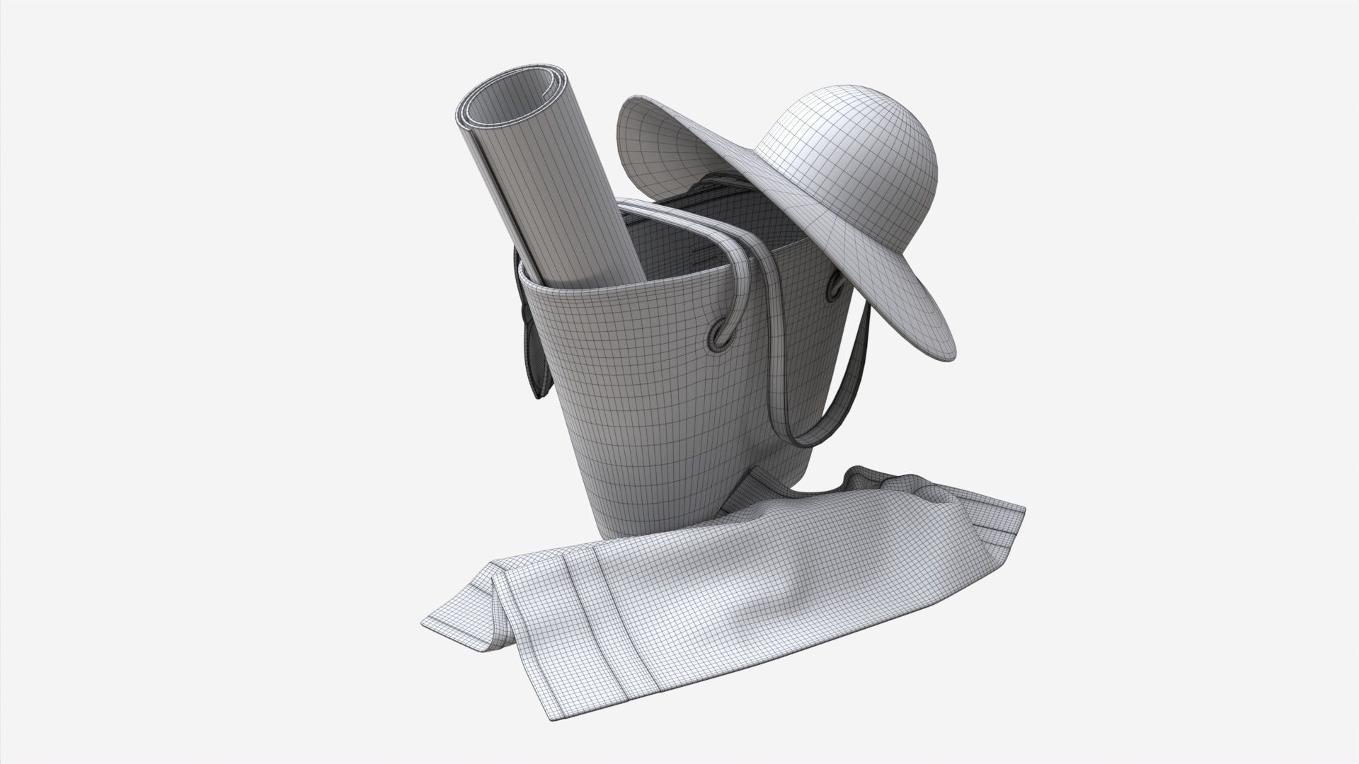 Color striped beach bag with straw hat 3D model_10