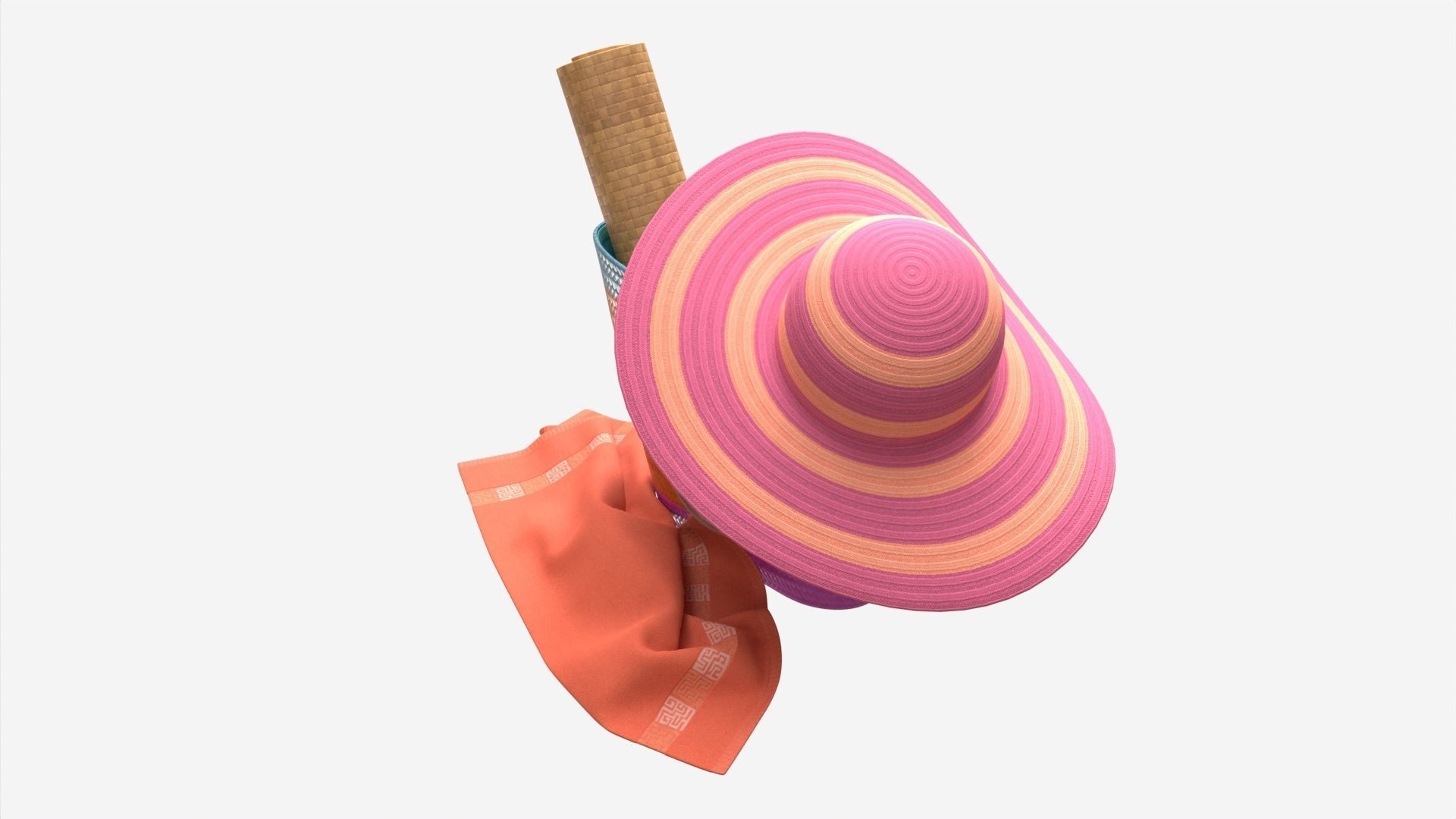 Color striped beach bag with straw hat 3D model_3