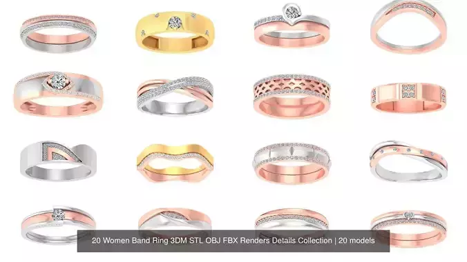 20 Women Band Ring 3DM STL OBJ FBX Renders Details Collection