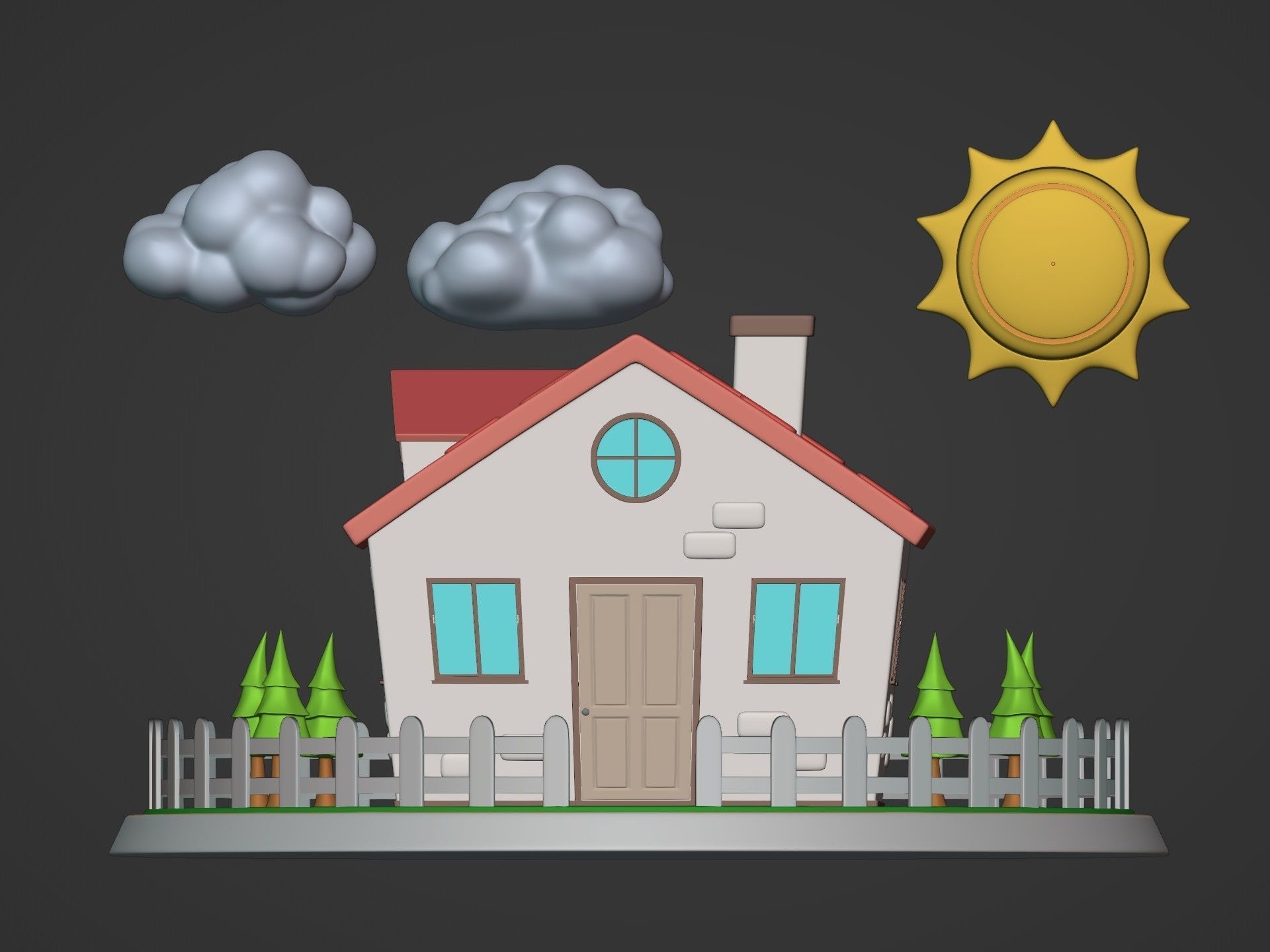 Cartoon House - Sun - Clouds - Tree - Garden Low-poly 3D model_5