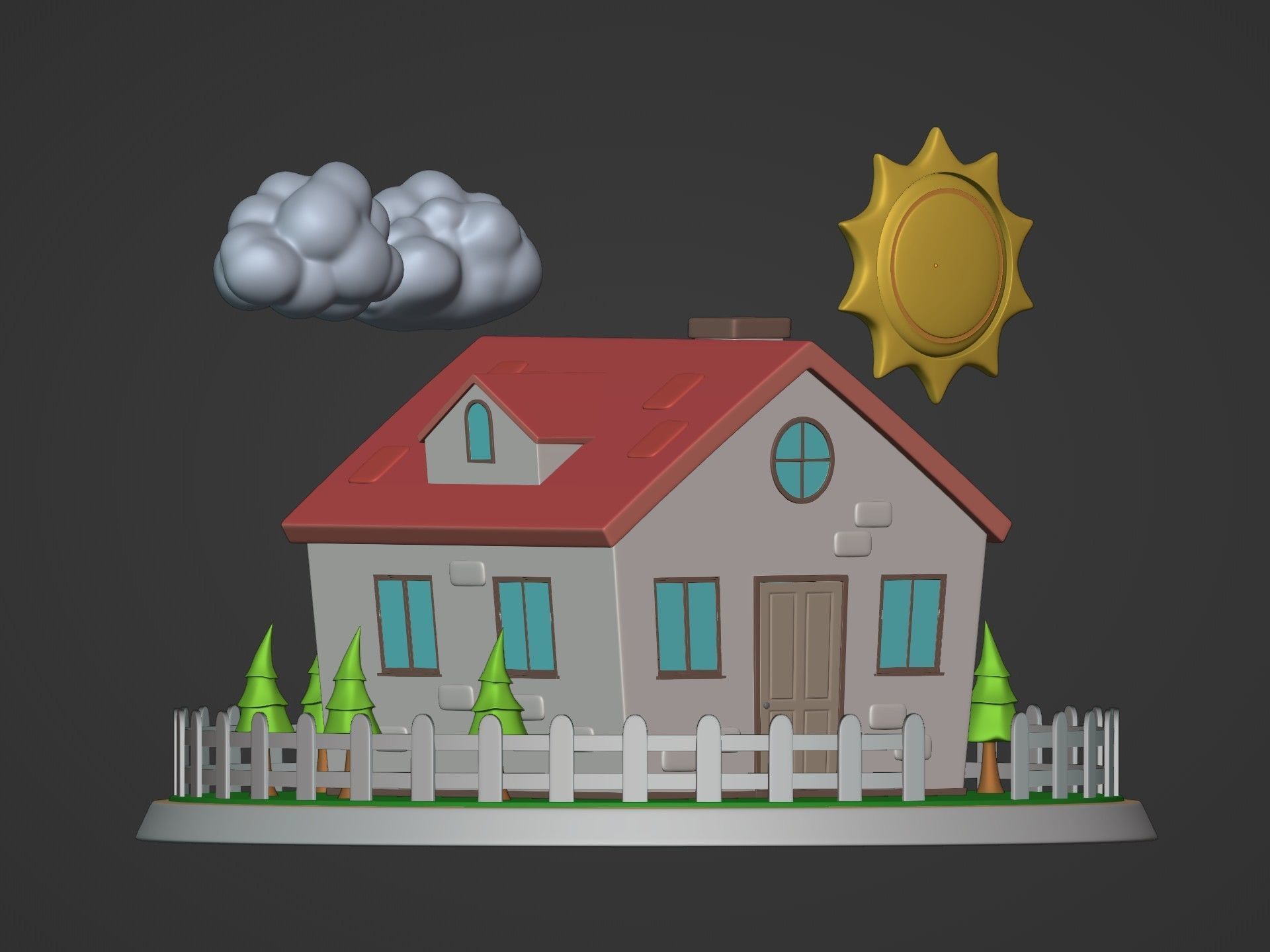 Cartoon House - Sun - Clouds - Tree - Garden Low-poly 3D model_3