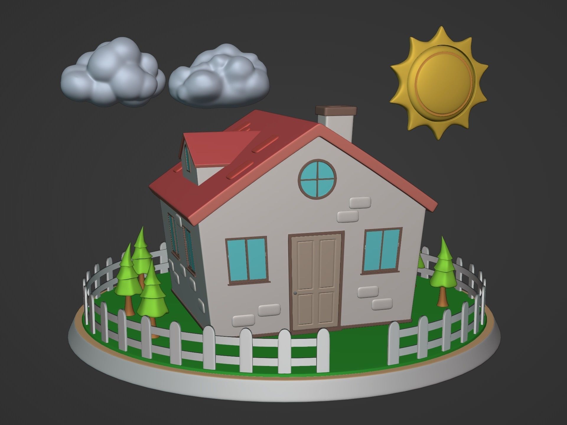 Cartoon House - Sun - Clouds - Tree - Garden Low-poly 3D model_1