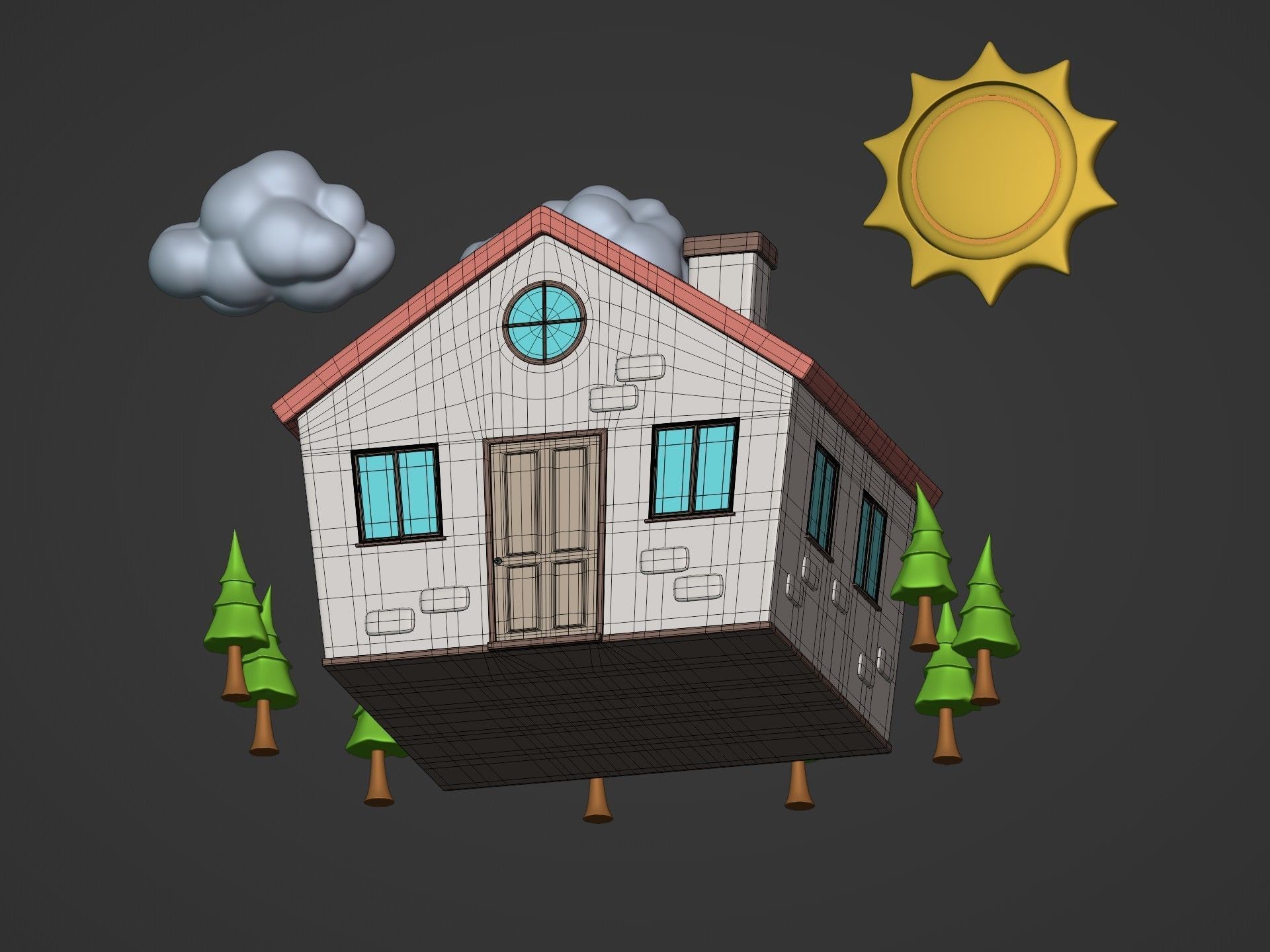 Cartoon House - Sun - Clouds - Tree - Garden Low-poly 3D model_17