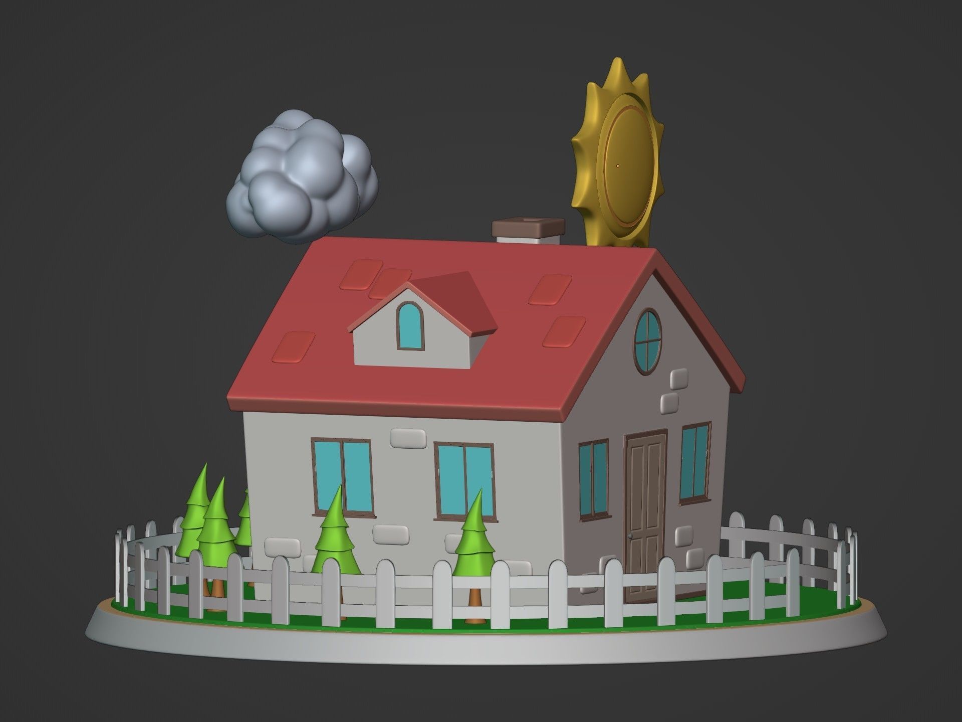 Cartoon House - Sun - Clouds - Tree - Garden Low-poly 3D model_7