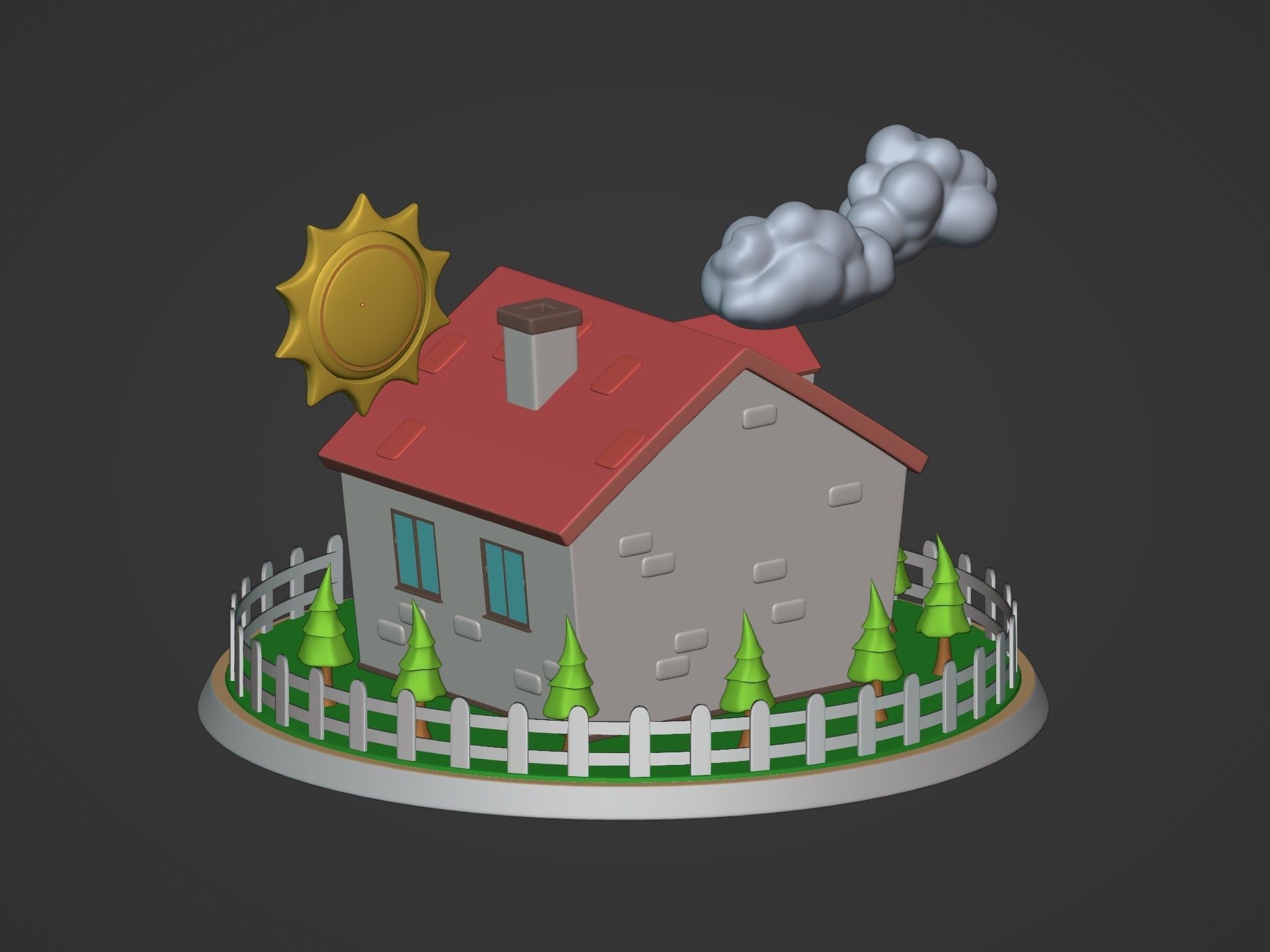 Cartoon House - Sun - Clouds - Tree - Garden Low-poly 3D model_11
